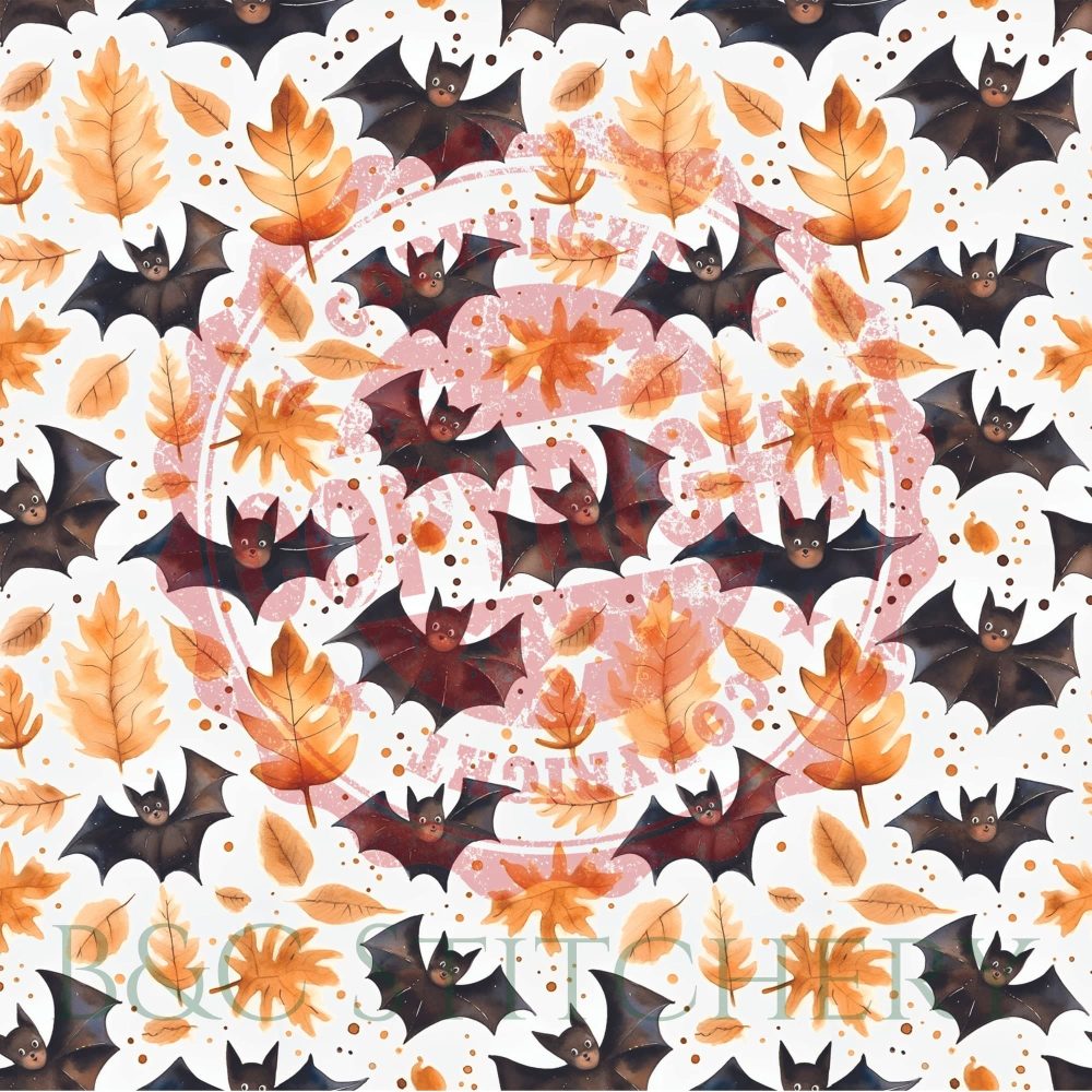 Halloween pattern with bats and autumn leaves.