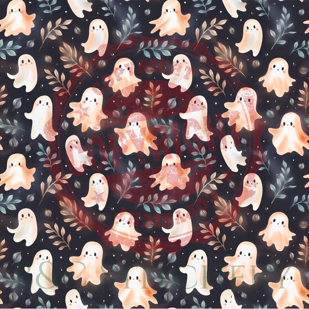 Cute ghost pattern with leaves on dark background.