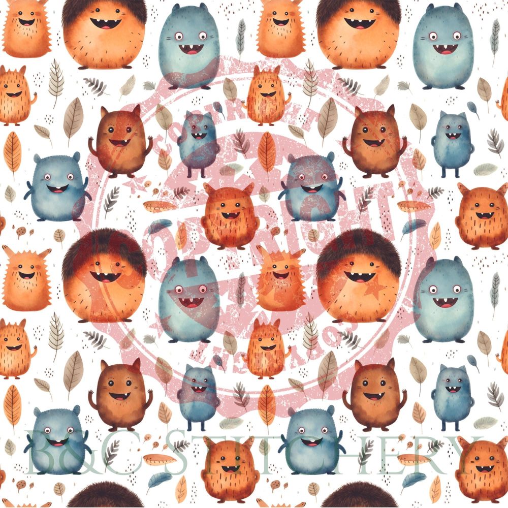 Cute cartoon monsters and autumn leaves pattern.