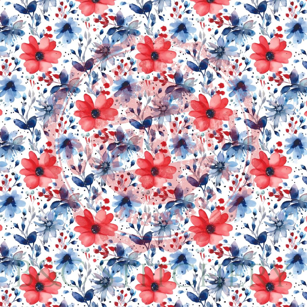 Red and blue watercolor floral pattern design.