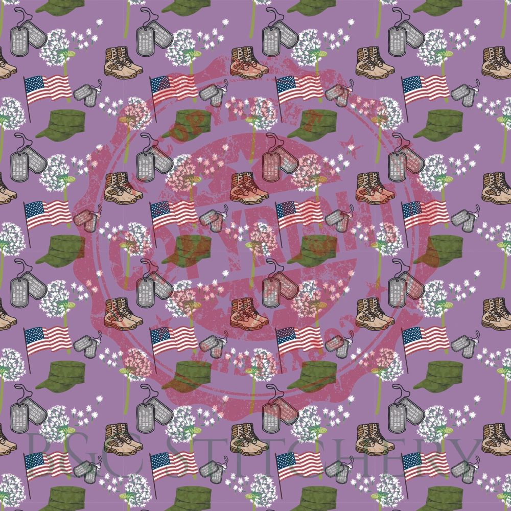 Military symbols with flags and flowers on purple background.