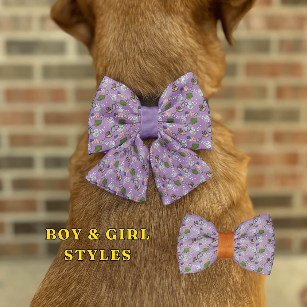 Dog with purple bow tie, boy and girl styles.