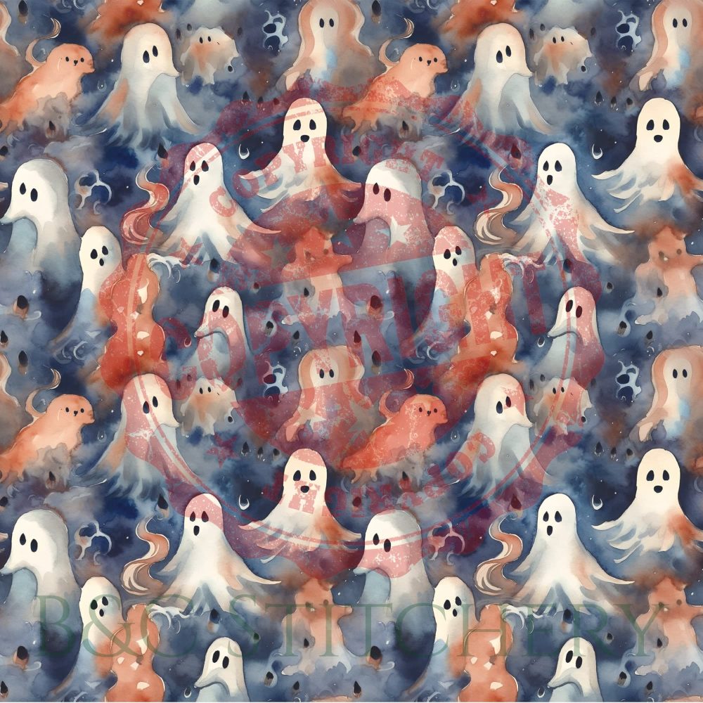 Colorful watercolor ghosts pattern tiles.