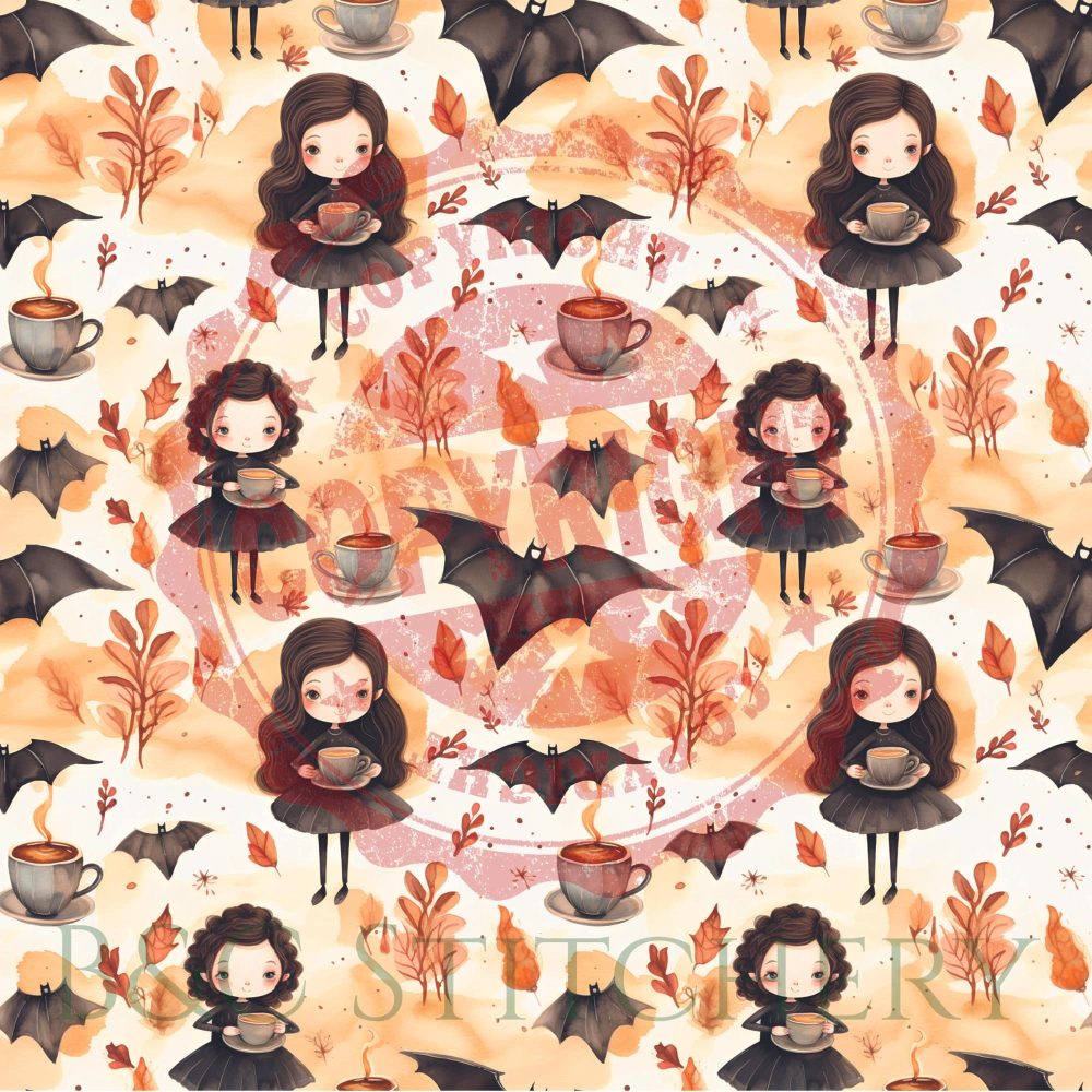 Autumn pattern with cute girls, bats, and coffee.