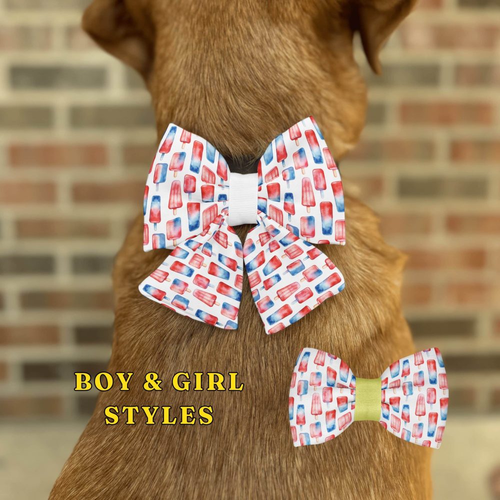 Dog wearing colorful popsicle-patterned bow tie