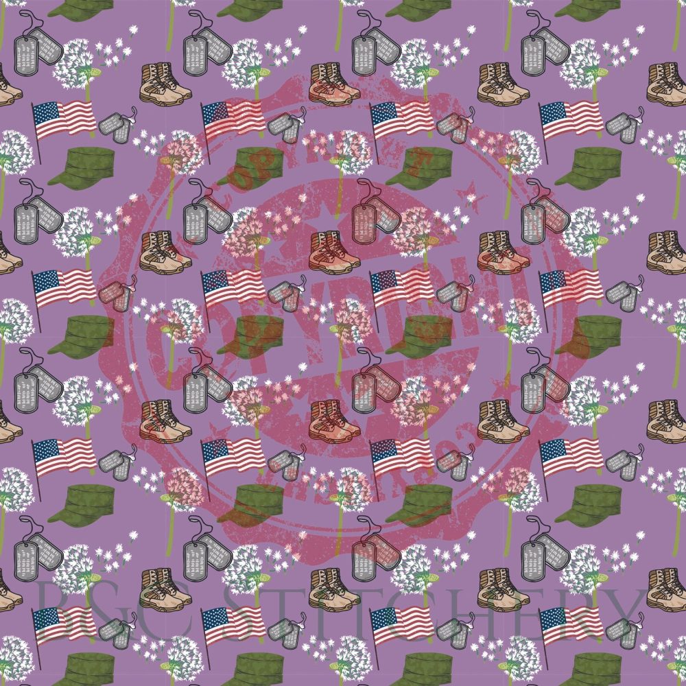 Military-themed pattern with flags, boots, dog tags.