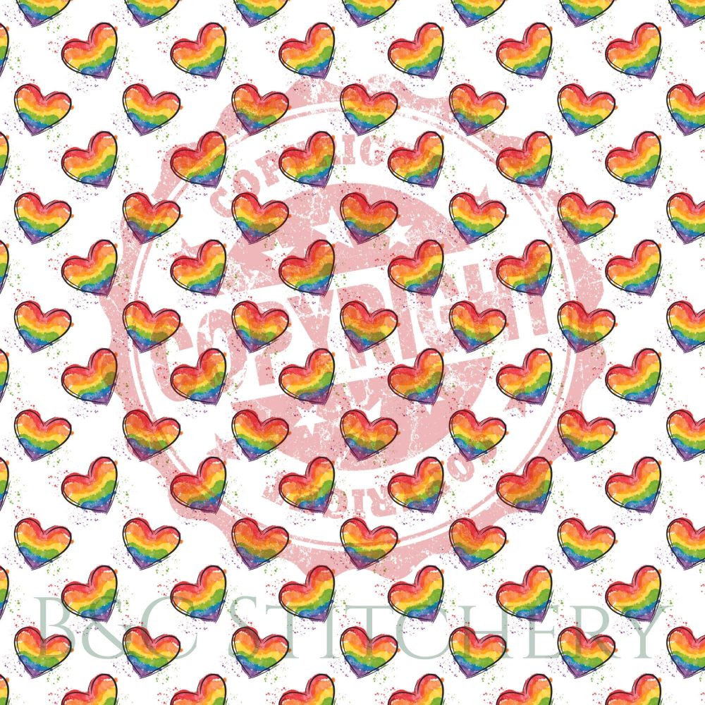 Pattern of rainbow hearts with copyright watermark.