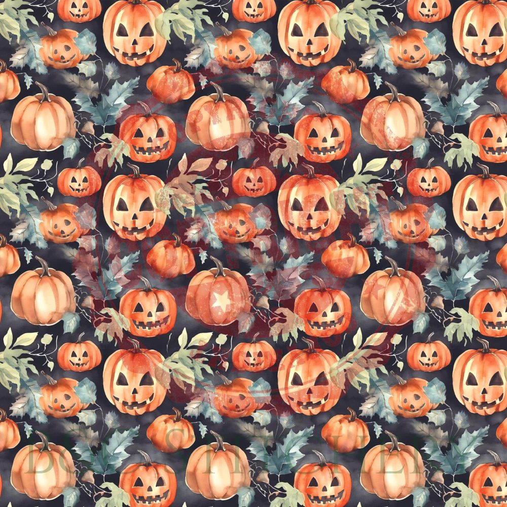 Halloween pumpkins pattern with leaves background.