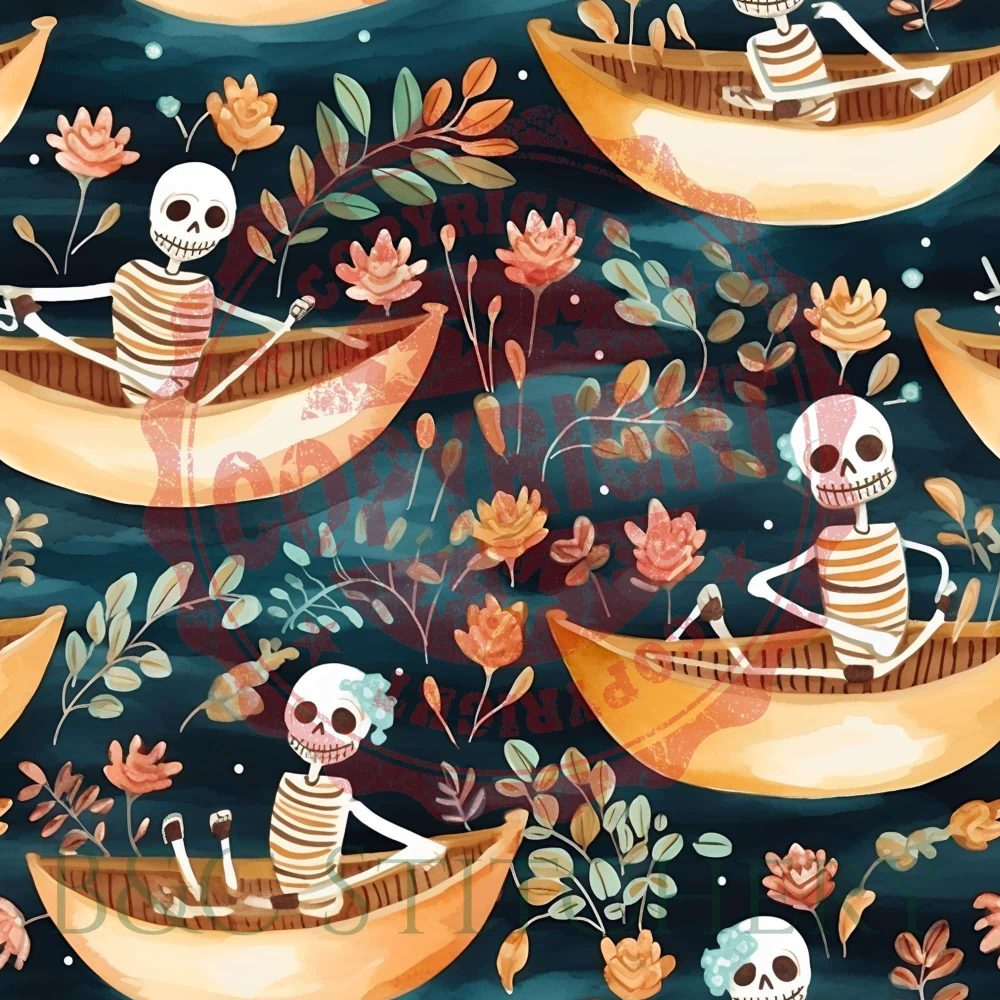 Skeletons rowing boats with flowers around.