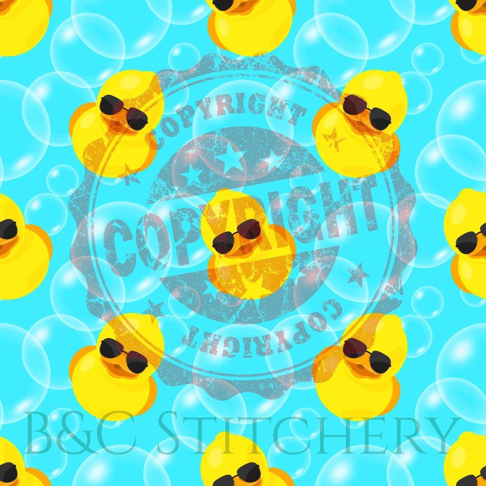 Pattern of rubber ducks with sunglasses and bubbles.