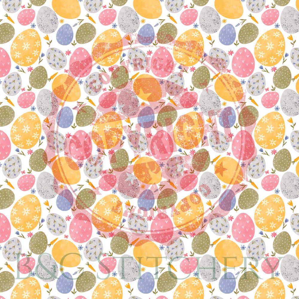 Colorful Easter egg pattern on white background.