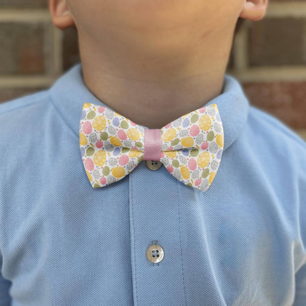 Child wearing colorful bow tie and blue shirt