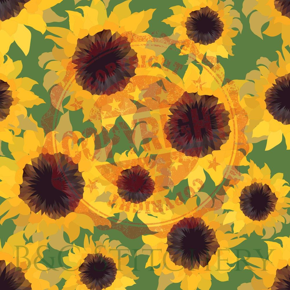 Pattern of vibrant sunflowers on green background