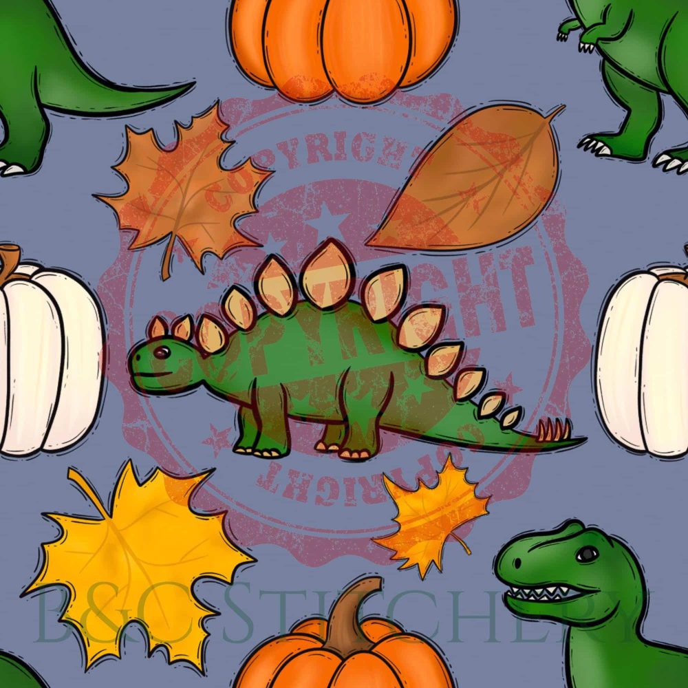 Cartoon dinosaurs, pumpkins, and autumn leaves pattern