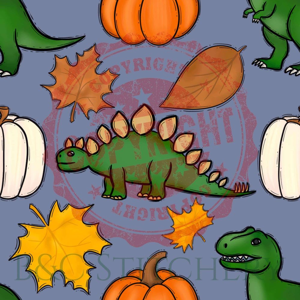 Dinosaurs and pumpkins with autumn leaves pattern.