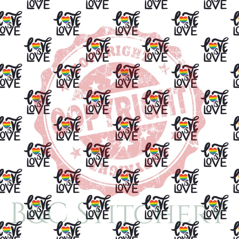 Love is love rainbow pattern and copyright stamp.