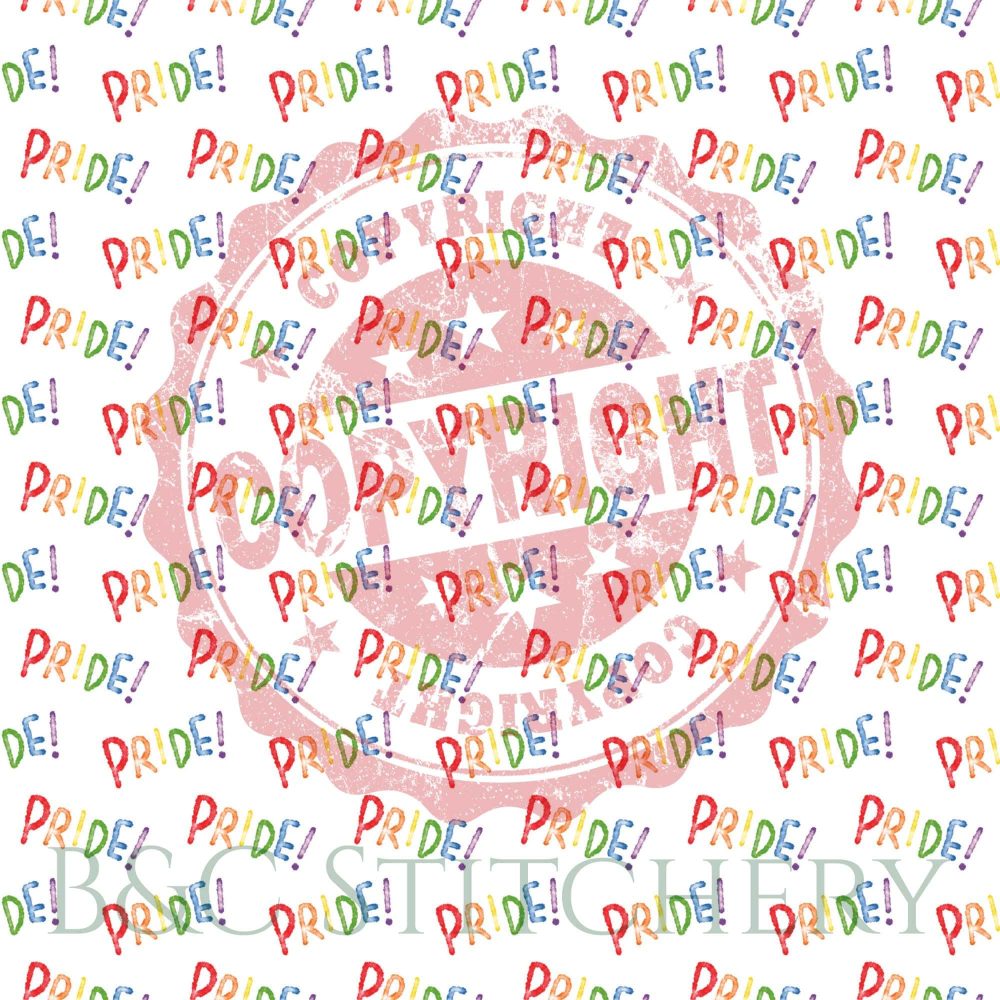 Colorful 'Pride!' text pattern, copyright background.