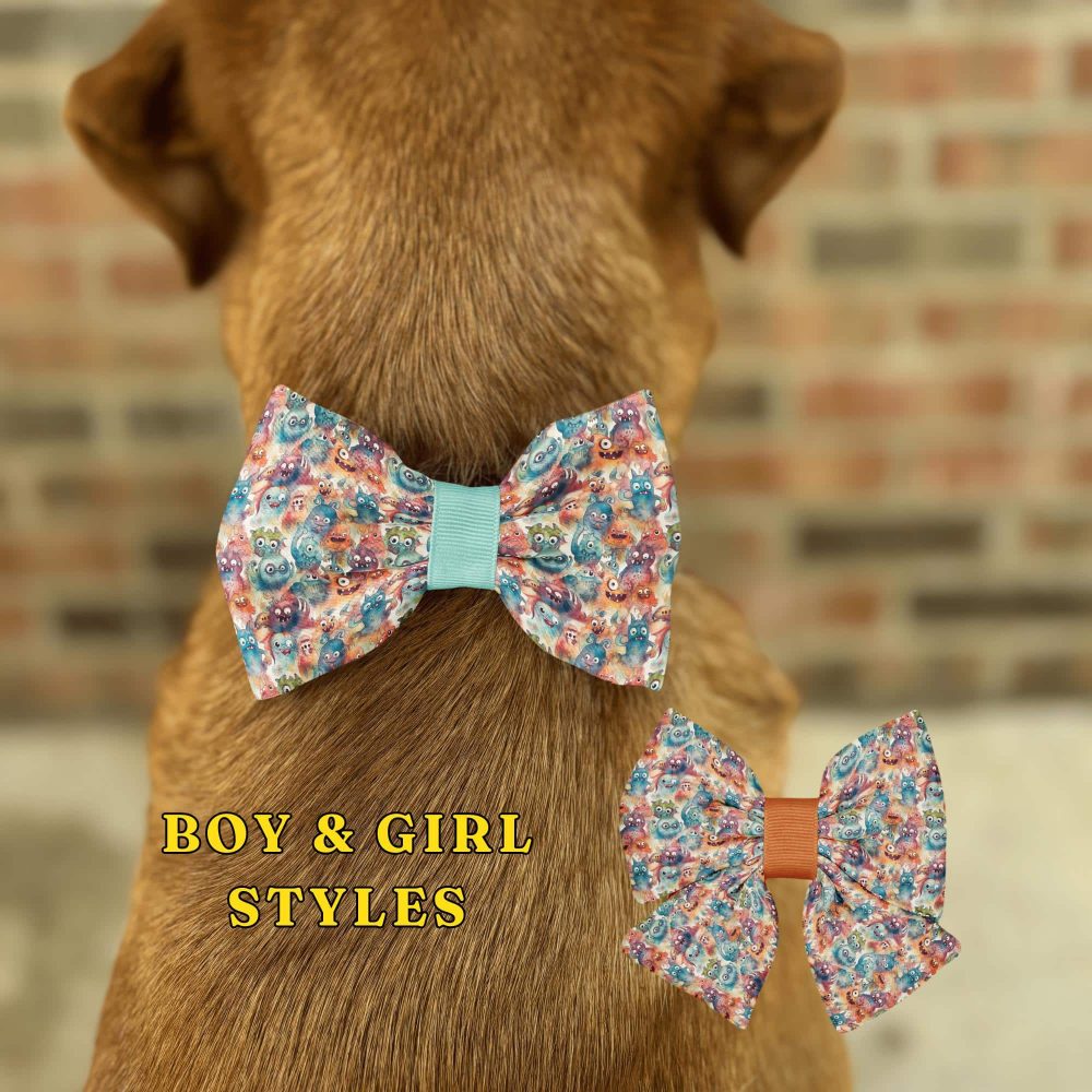 Dog with colorful bow ties, boy and girl styles.