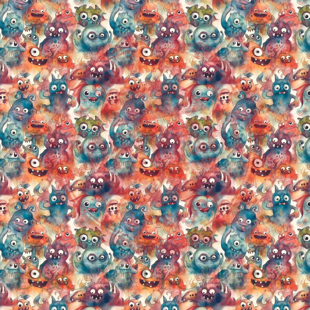 Colorful watercolor cartoon monsters pattern, playful and whimsical.