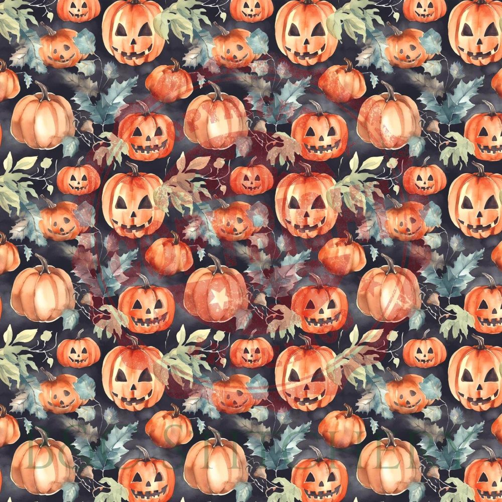 Festive Halloween pumpkins with autumn leaves pattern