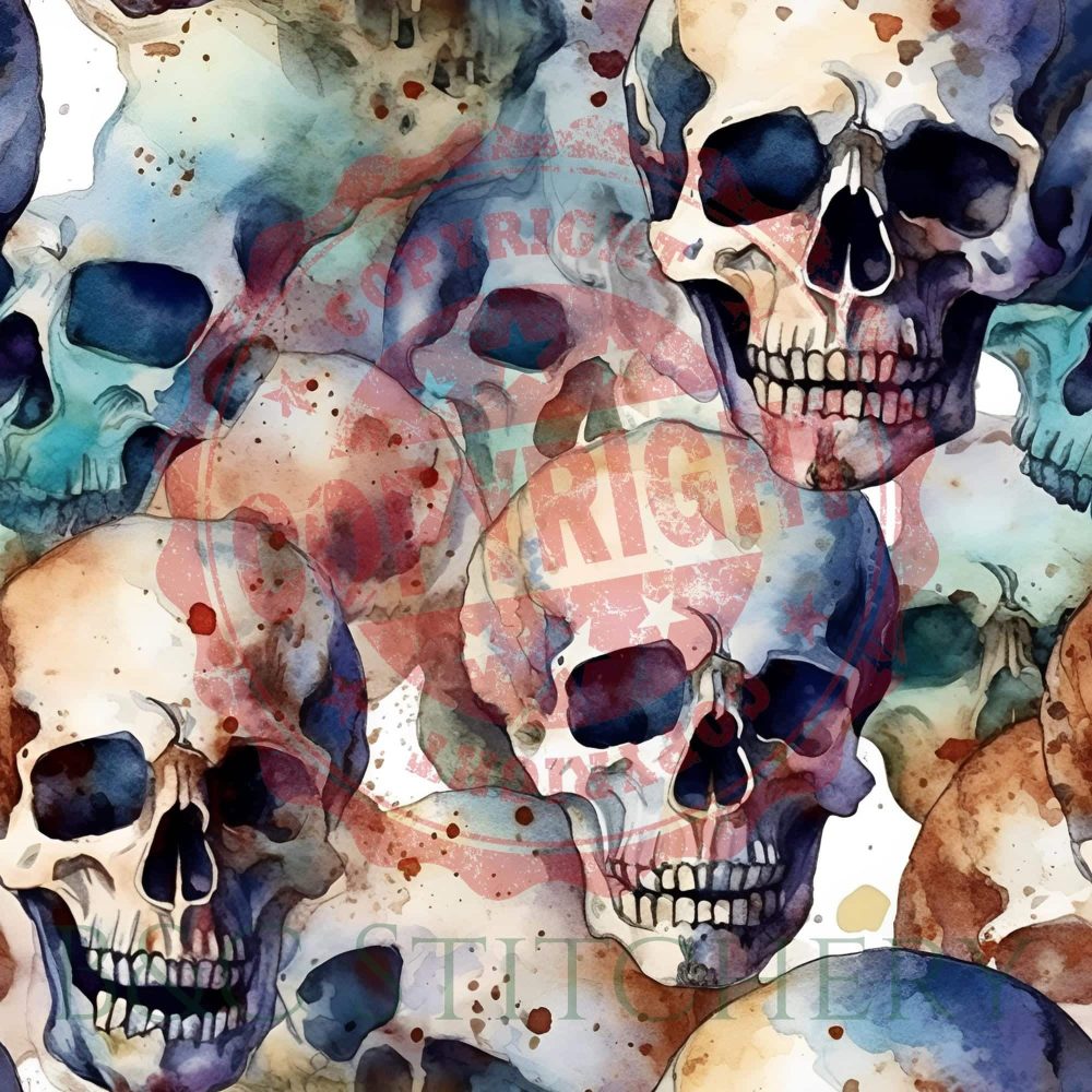 Colorful watercolor skulls pattern illustration.