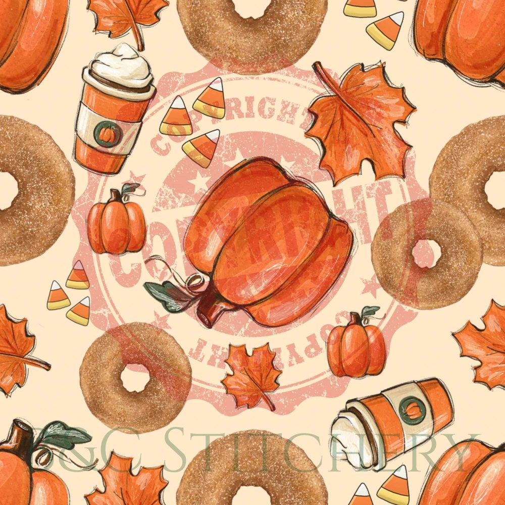 Autumn design with pumpkins, leaves, donuts, coffee.