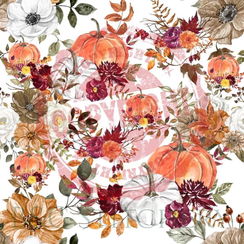 Autumn floral pumpkin watercolor pattern, rustic fall design.