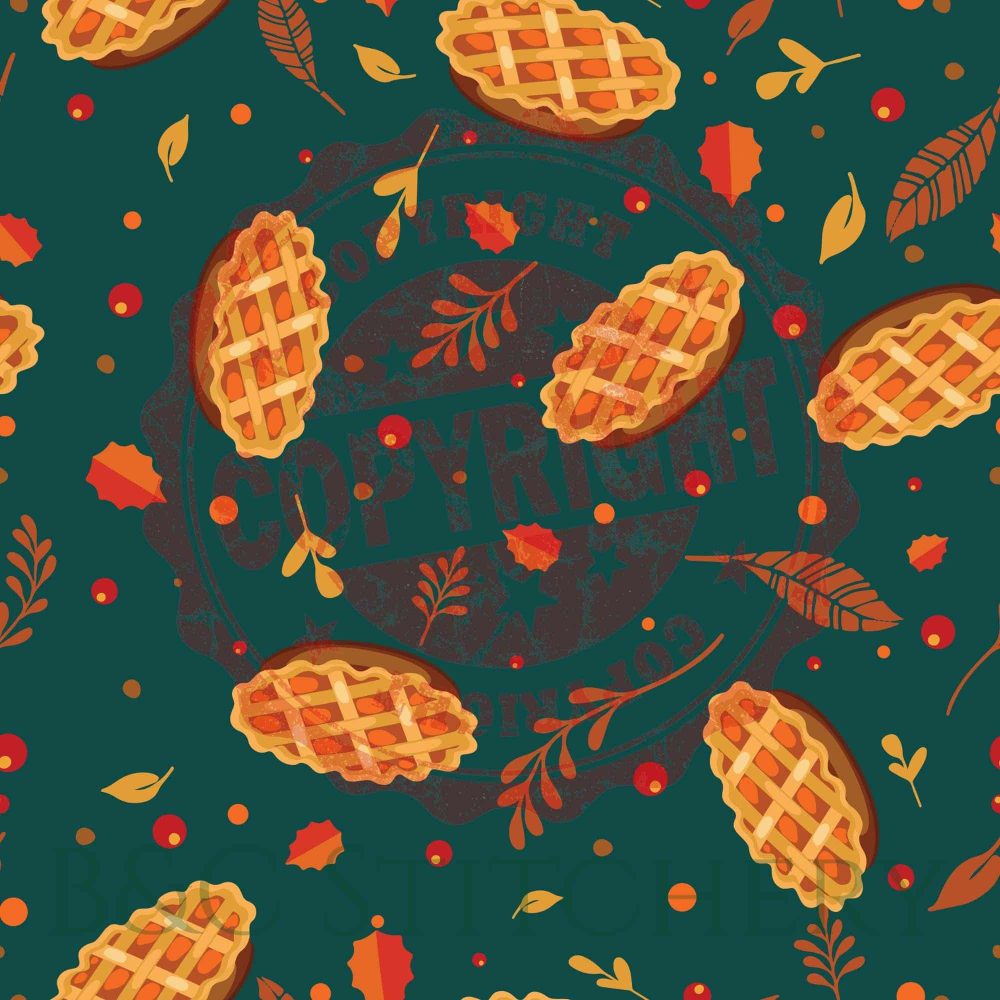 Autumn-themed background with leaves and pies.