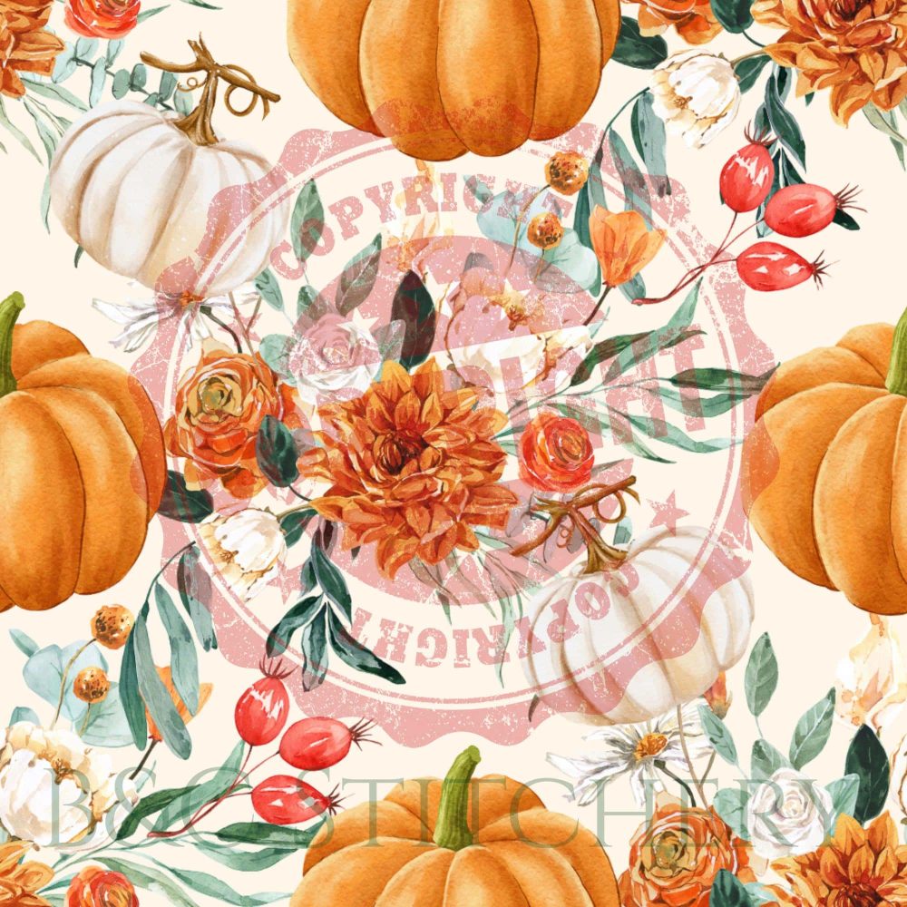 Autumn pumpkins and flowers pattern on beige background.