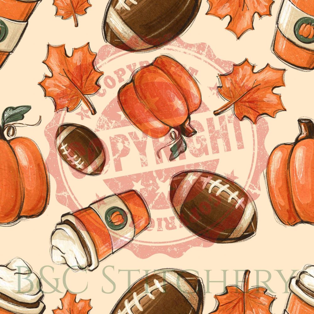 Autumn-themed illustration with pumpkins and footballs.