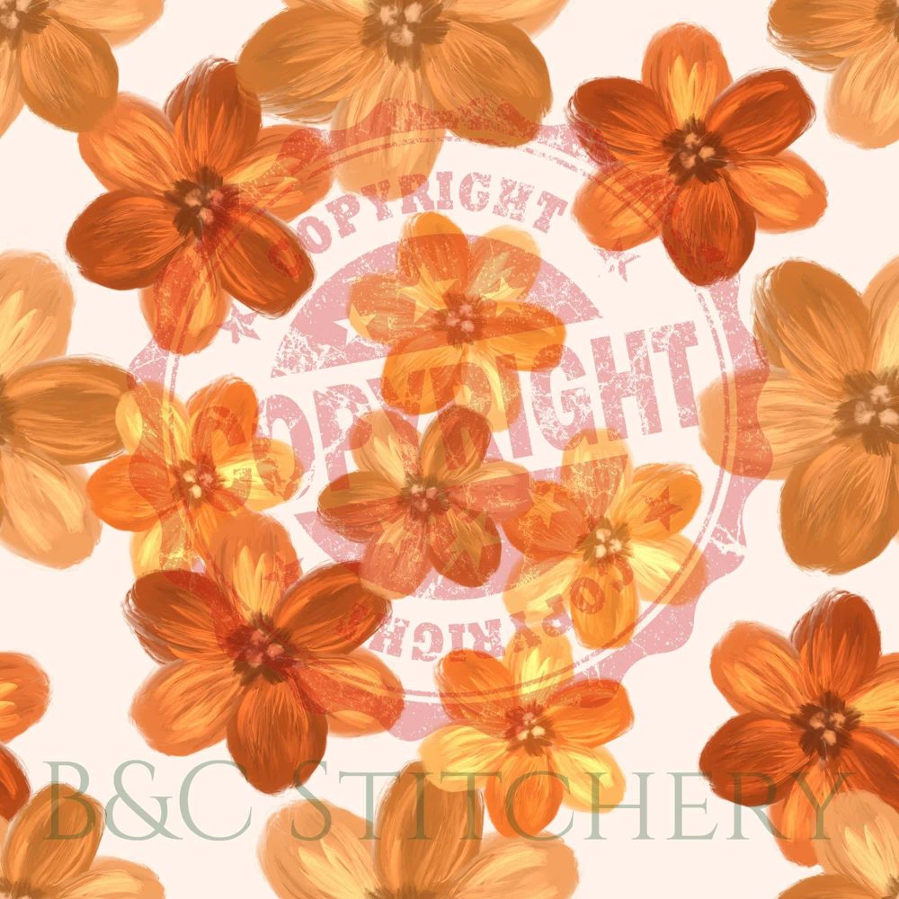 Seamless orange flowers with copyright overlay design.