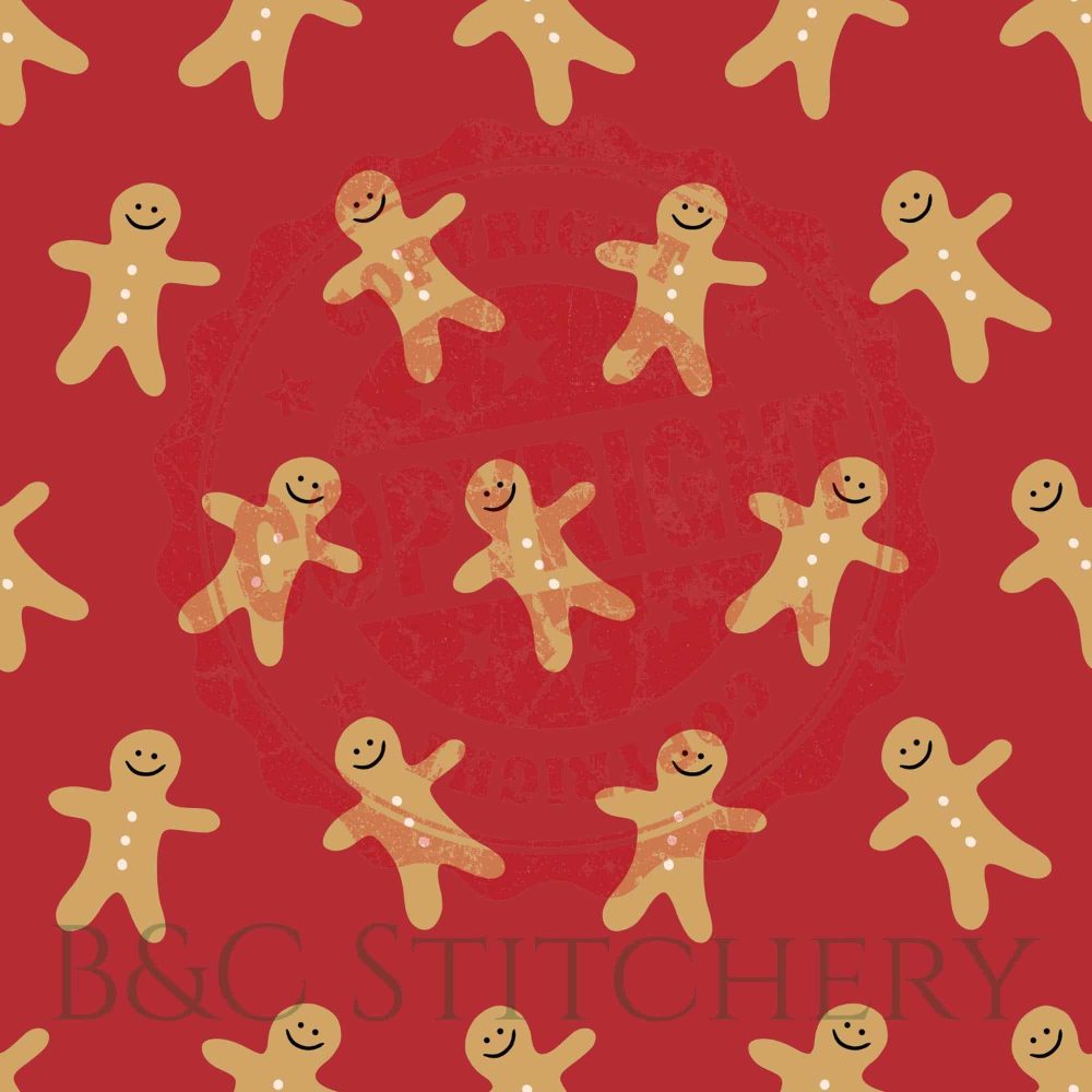 Pattern of smiling gingerbread men on red background.