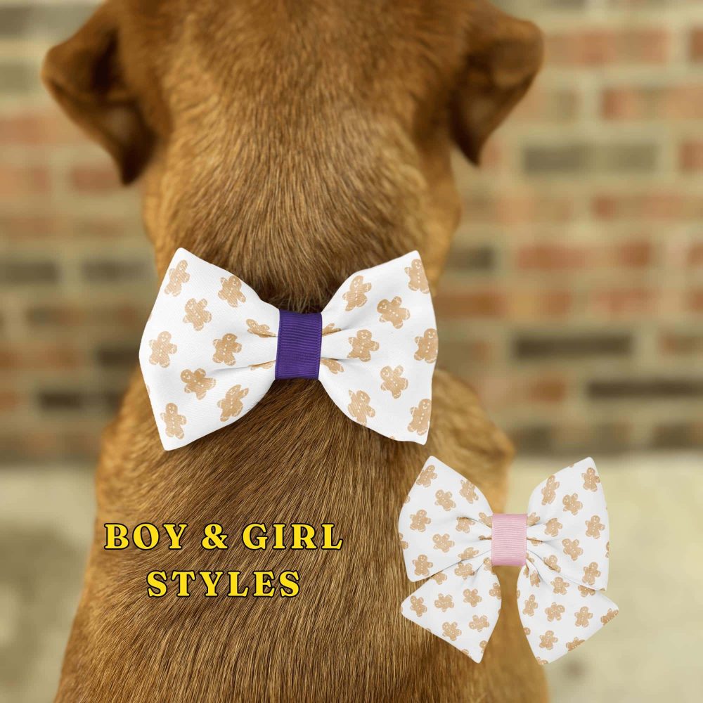 Dog with gingerbread man bowties, boy and girl styles.