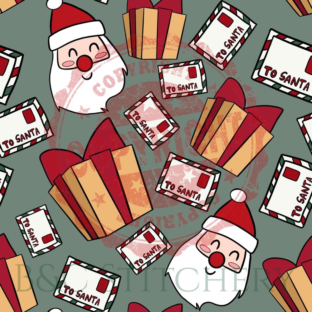 Festive Santa with letters and gifts pattern.