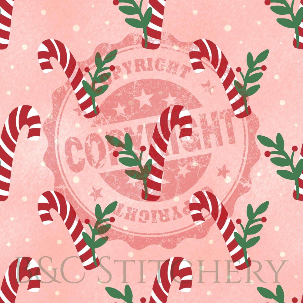 Candy cane pattern with leaves on pink background.