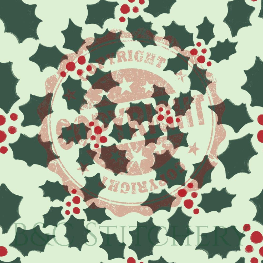 Green holly leaves with red berries pattern.