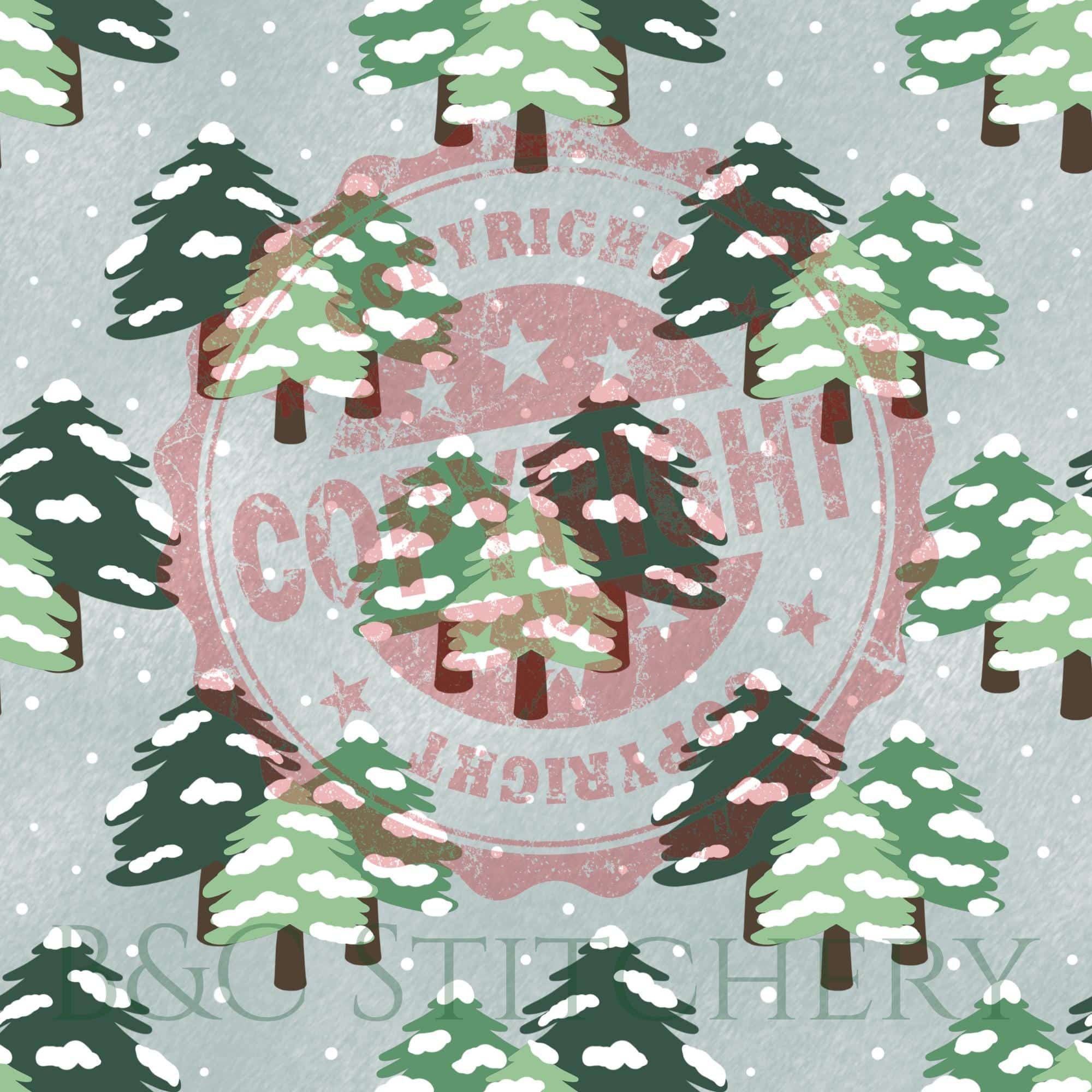 Snowy pine trees pattern with copyright notice