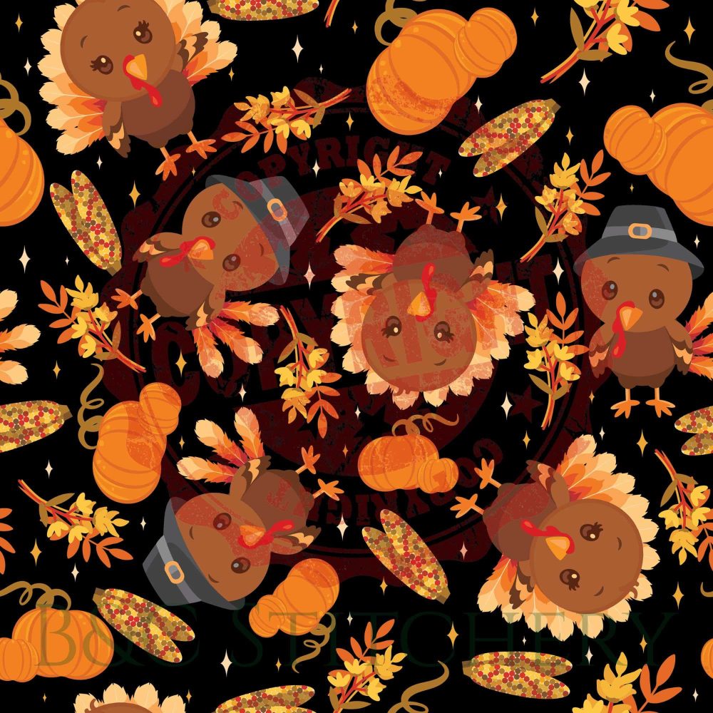 Thanksgiving pattern with turkeys, pumpkins, and leaves.