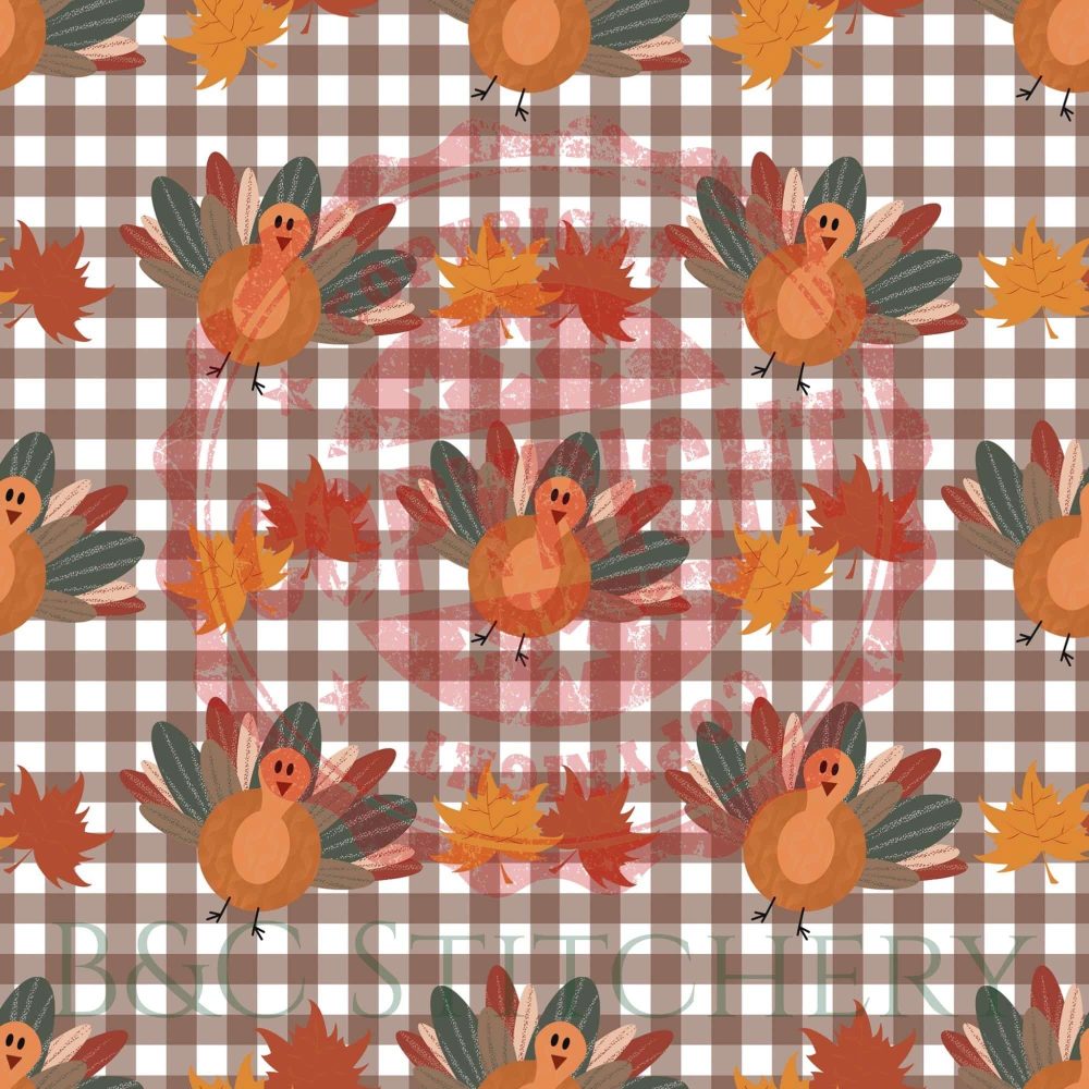 Cartoon turkeys and leaves on checkered background.