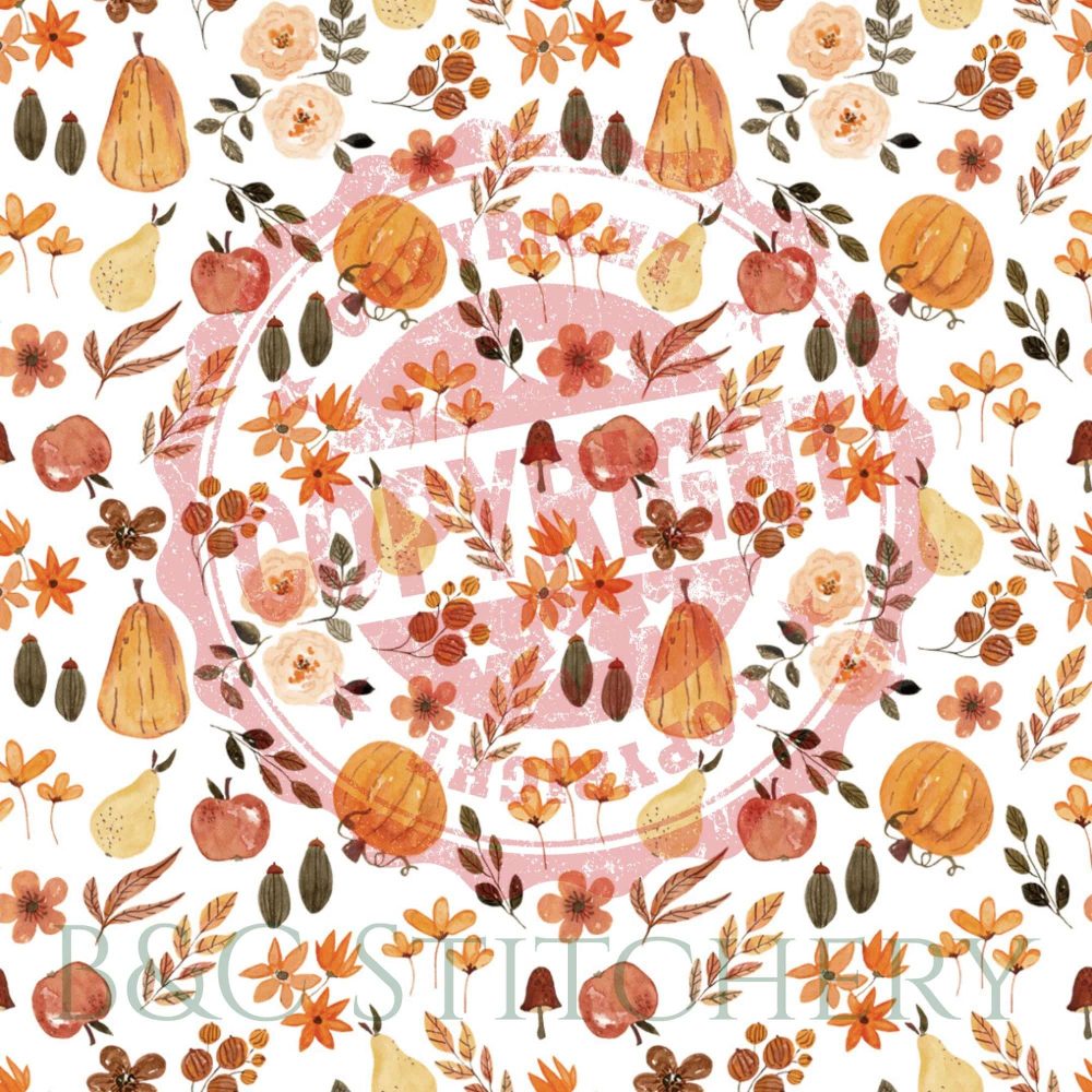 Autumn fruits and flowers pattern with leaves