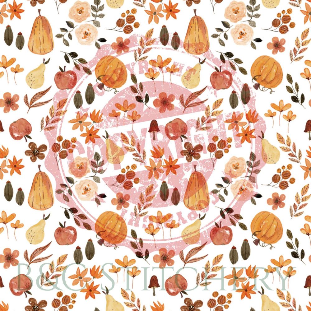 Fall-themed pattern with pumpkins and leaves.