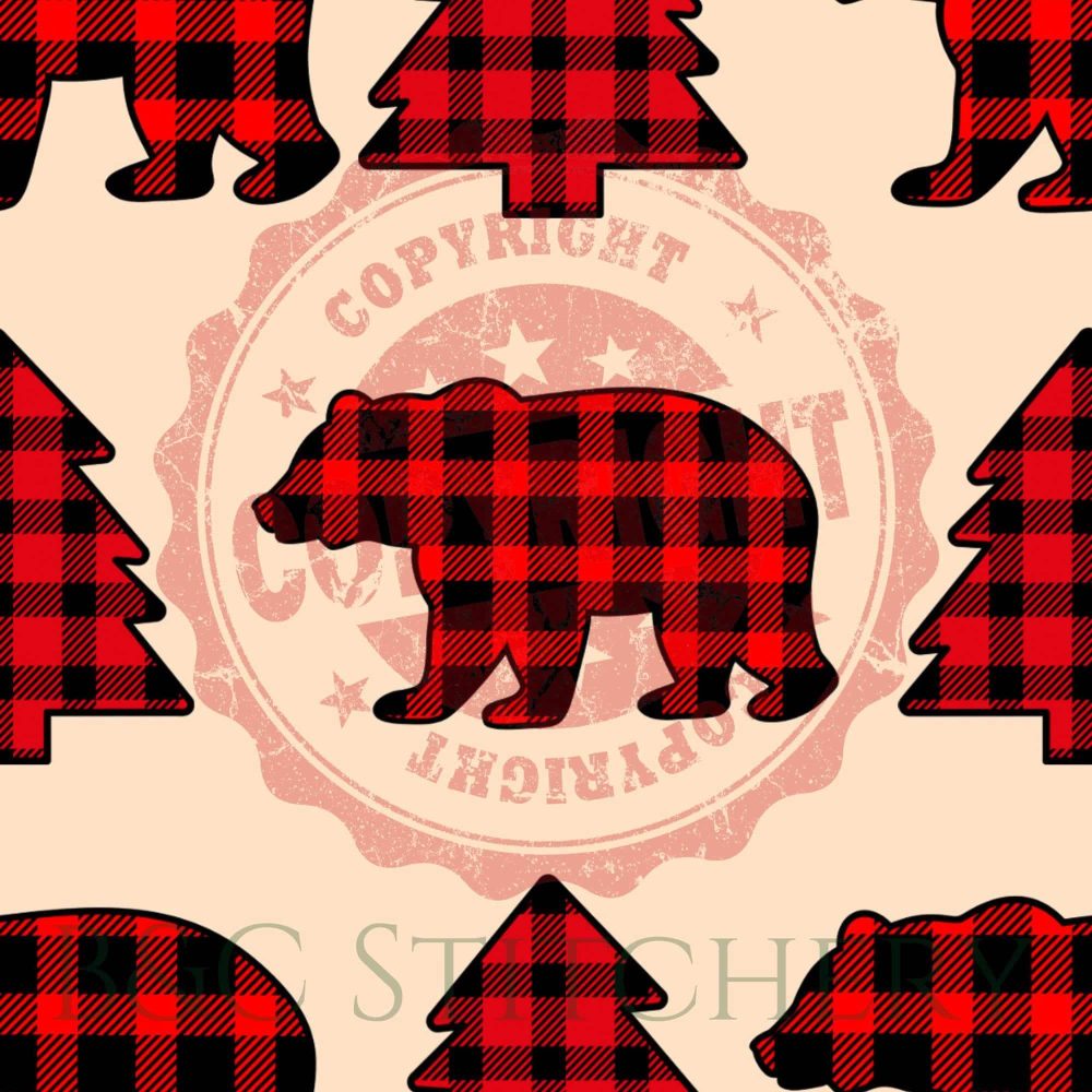 Red plaid bear and trees pattern