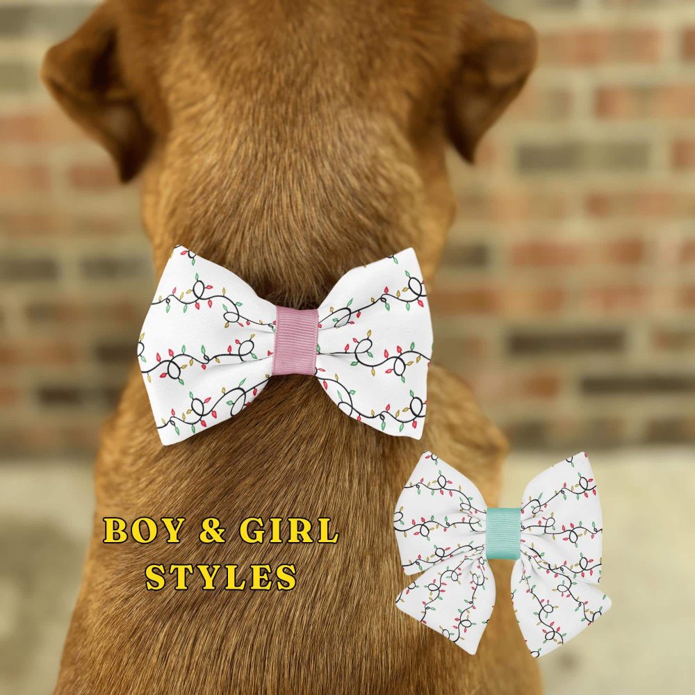 Dog wearing holiday-themed bow ties, boy and girl styles.