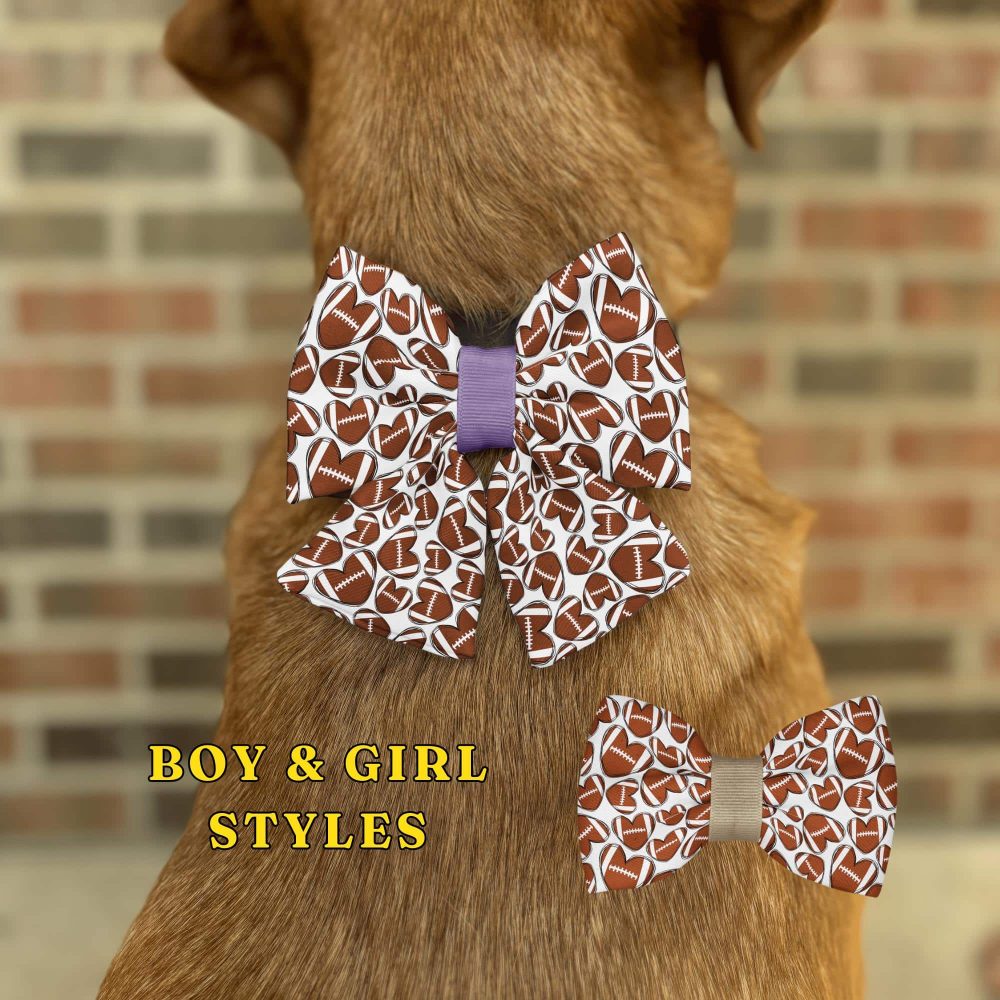 Dog wearing football-themed bows, boy and girl styles.