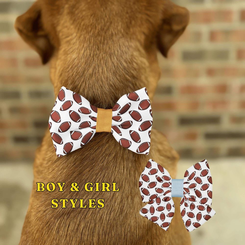 Dog wearing football-themed bow tie