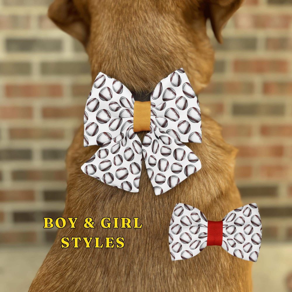 Dog wearing baseball-themed bow ties, boy and girl styles.