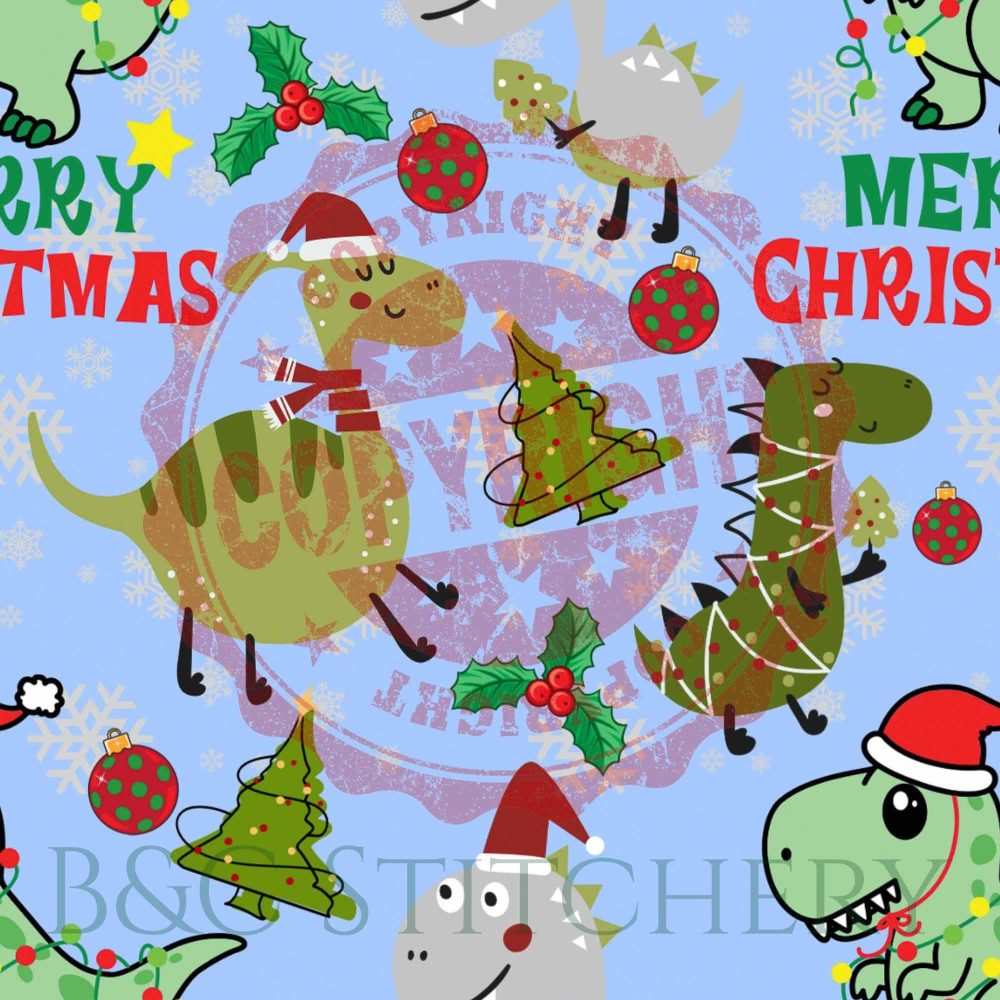 Festive dinosaurs in Santa hats celebrate Christmas.