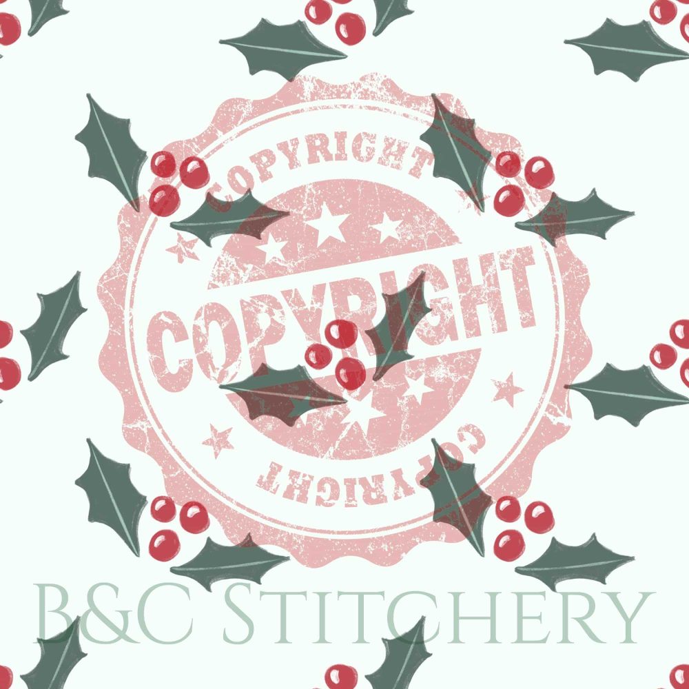 Festive holly pattern with copyright stamp.