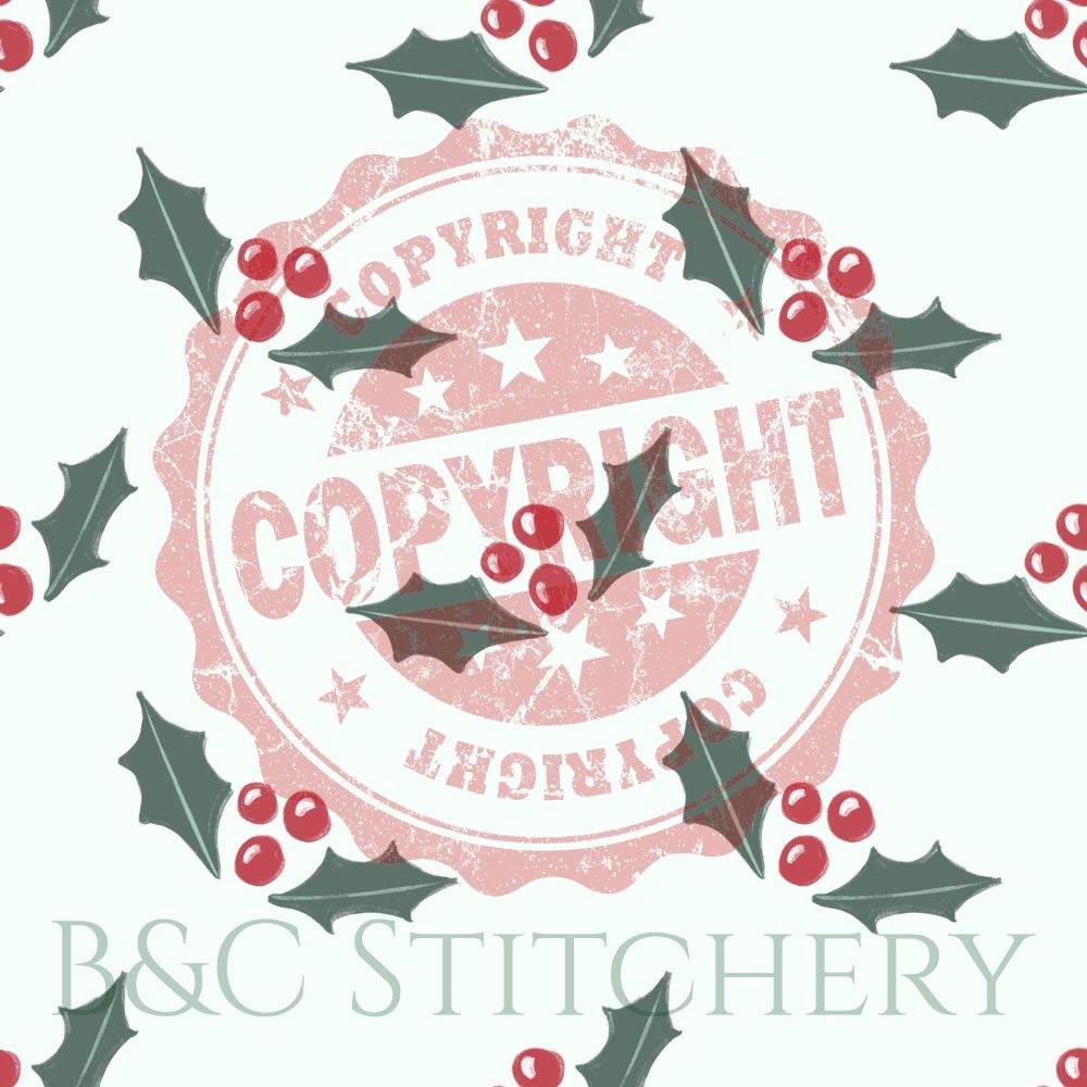 Holiday pattern with holly and copyright stamp.