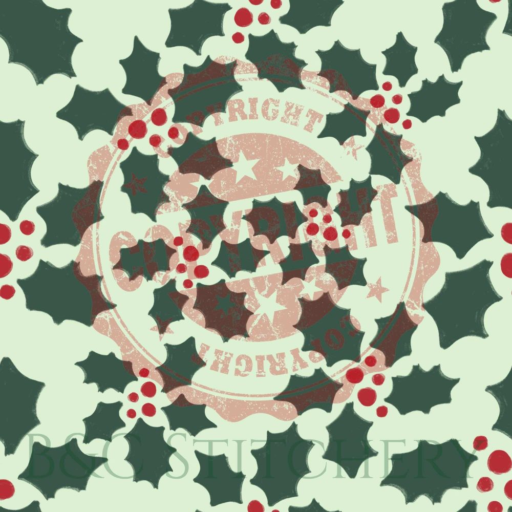 Holly berries and leaves pattern with copyright overlay.